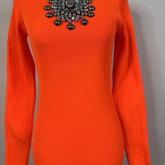 Christopher Kane SS20 Neon Orange Crystal Neck Knit Mini Dress NWT Size 40 - Picture 4 of 13